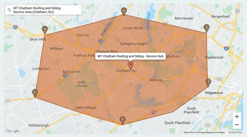 Service Area Map for MT Chatham Roofing